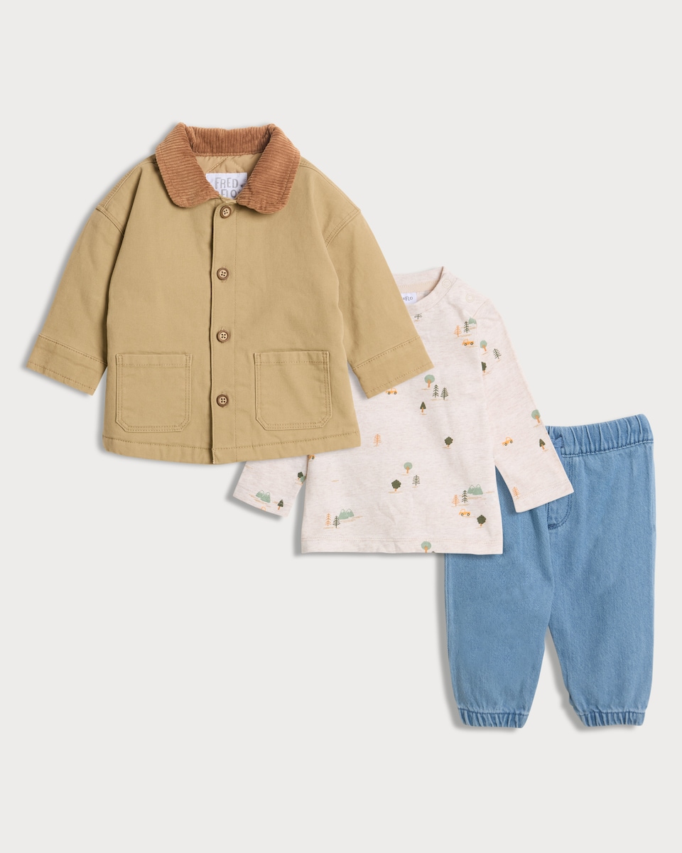 image 1 of F&F Baby 3-Pack Cotton Rich Jacket, Top and Trousers Set in Tan