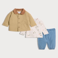 F&F Baby 3-Pack Cotton Rich Jacket, Top and Trousers Set in Tan