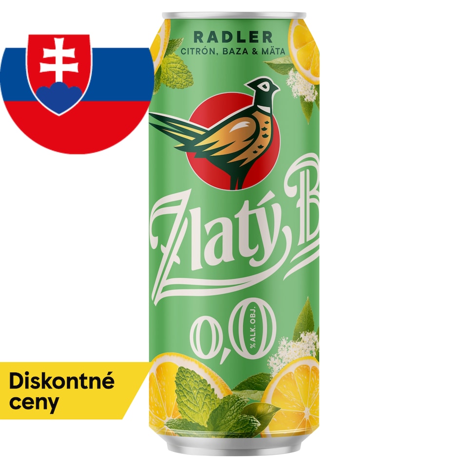 Zlatý Bažant Radler 0,0% Citrón Baza Mäta plechovka 500 ml