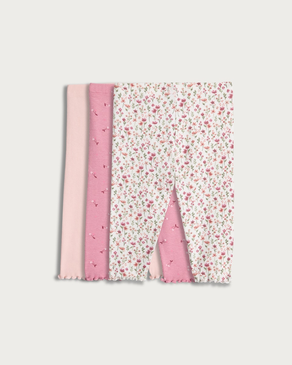 image 1 of F&F Baby 3-Pack Cotton Rich Floral Ribbed Leggings in Pink