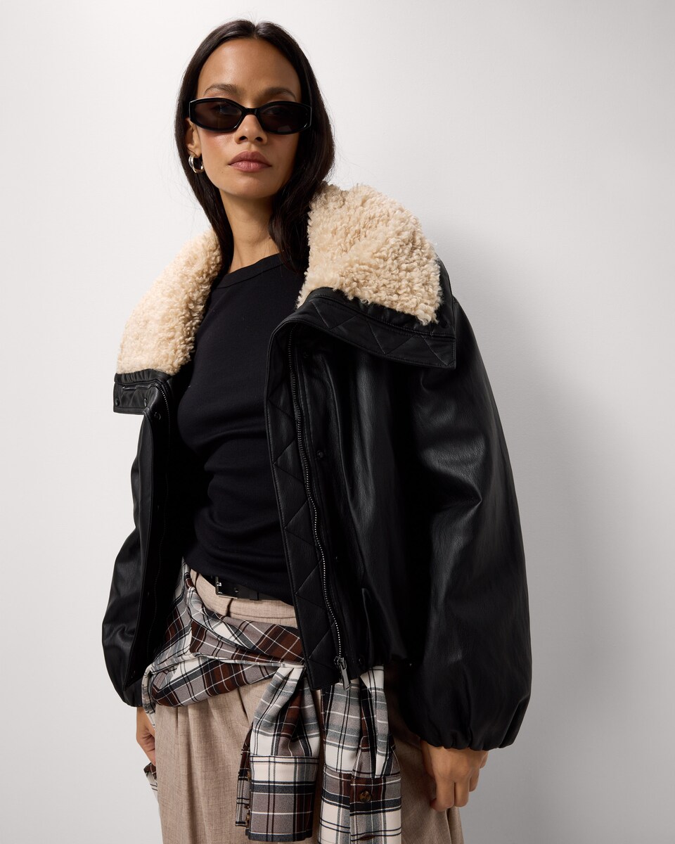 image 1 of F&F Faux Leather Borg Collar Jacket in Black