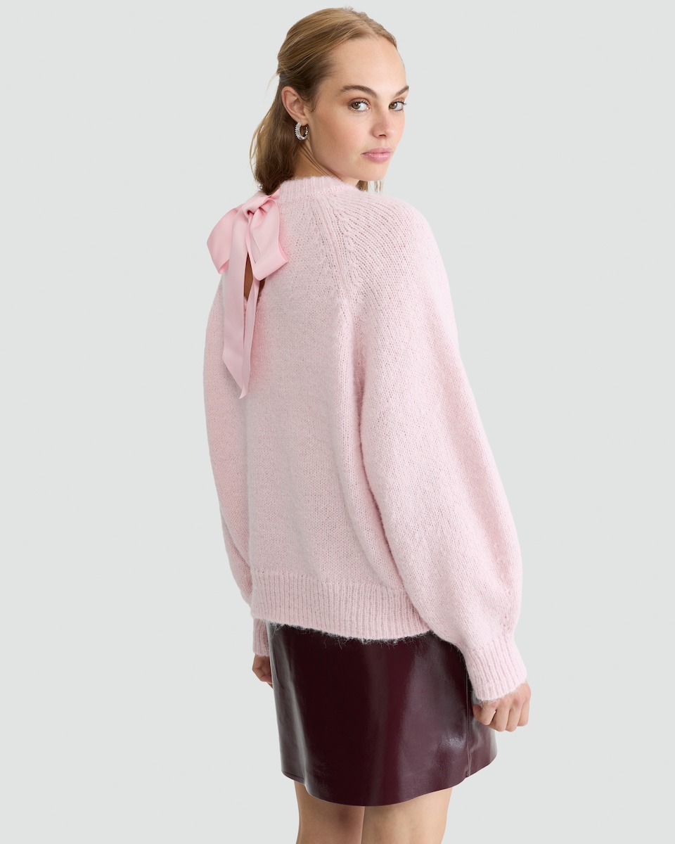 image 1 of F&F Knitted Satin Bow Back Jumper in Pink
