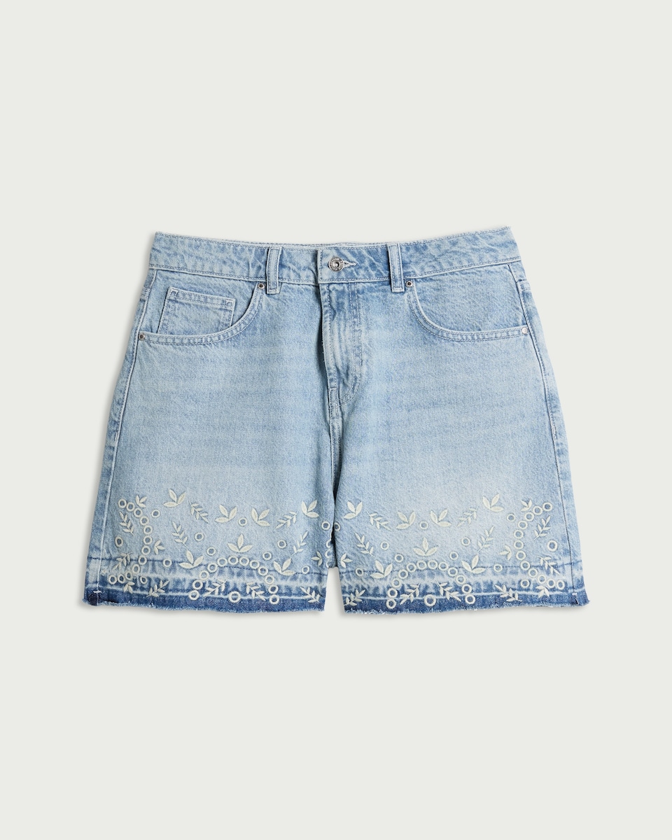 image 1 of F&F Pure Cotton Embroidered Denim Shorts in Blue