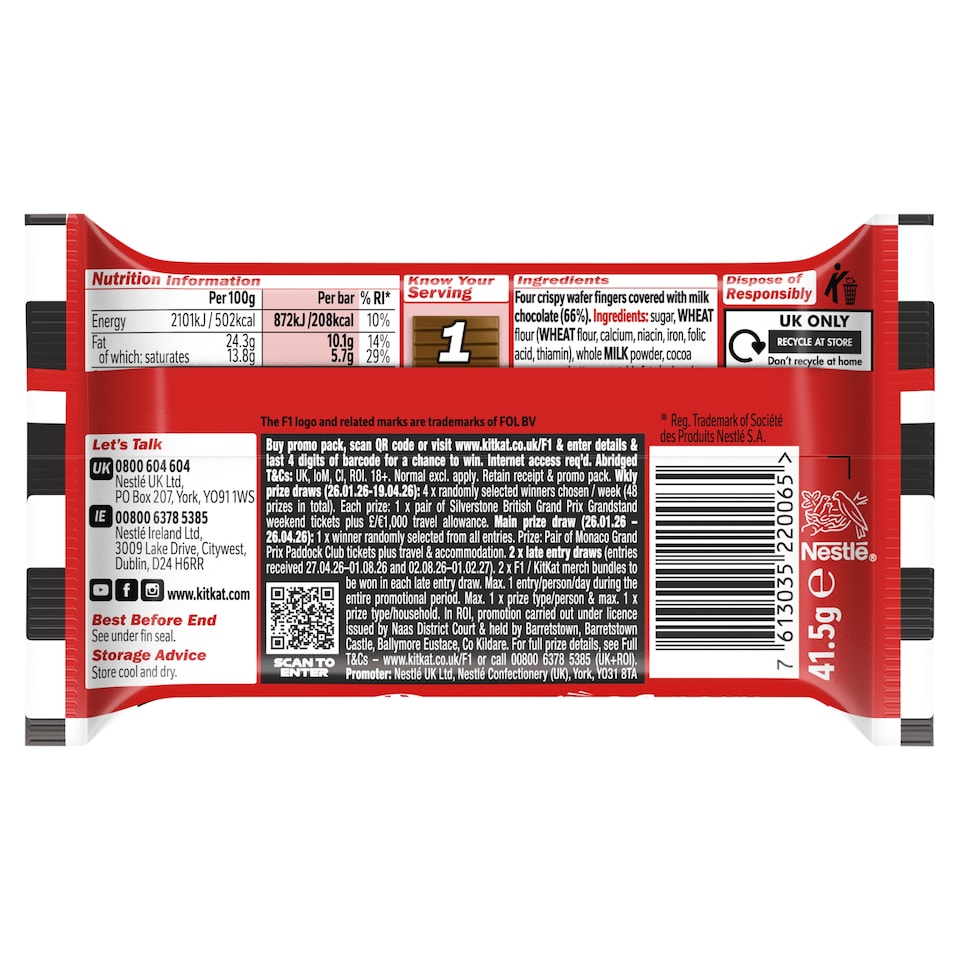 image 1 of Kit Kat 4 Finger Milk Chocolate Bar 41.5g