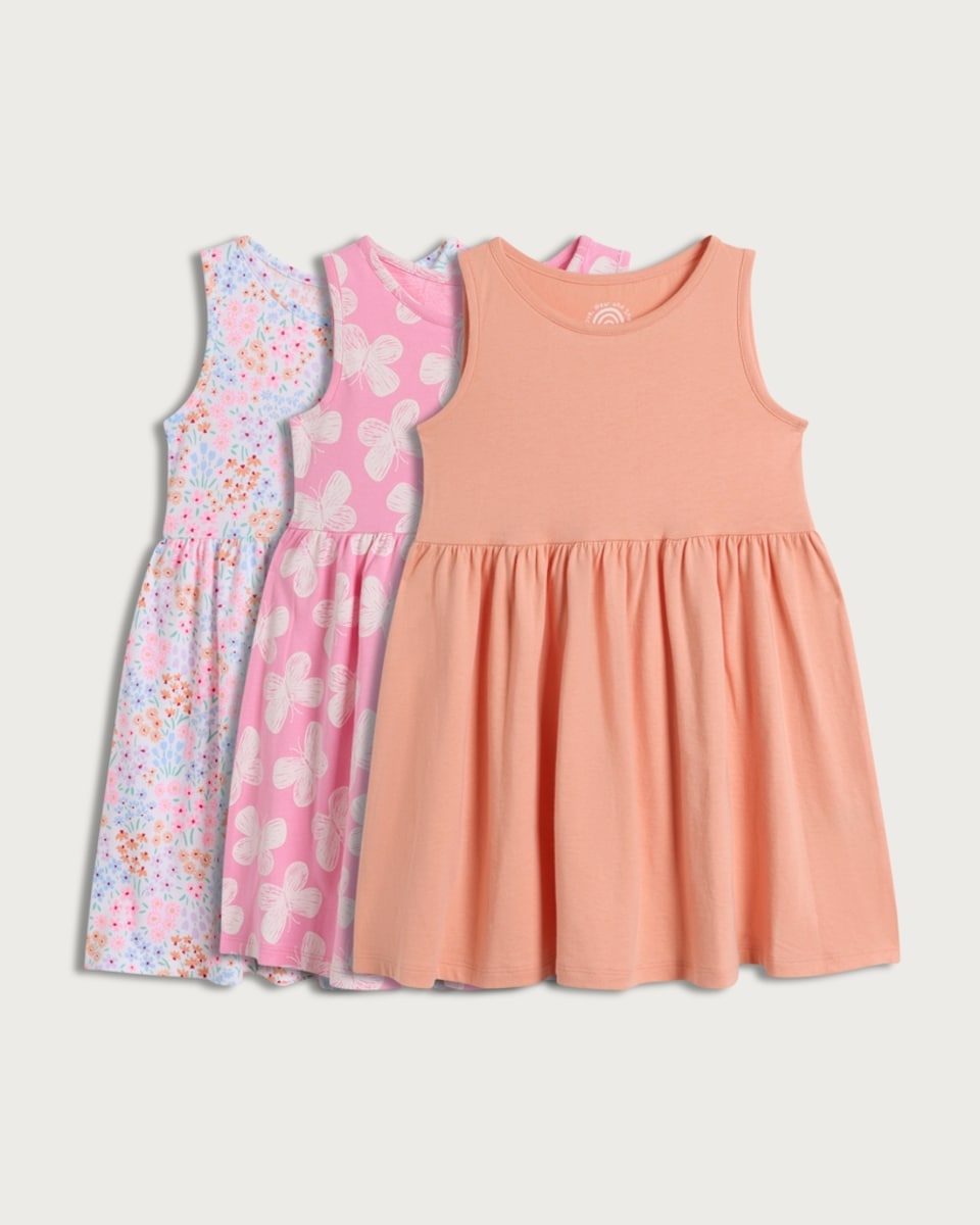 F&F Girls 3-Pack Pure Cotton Sleeveless Dresses in Multi Orange