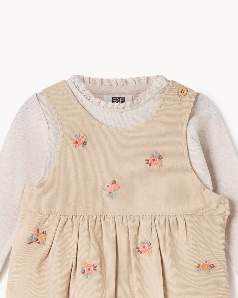 image 1 of F&F Baby Pure Cotton Corduroy Floral Dungarees and Bodysuit Set in Brown