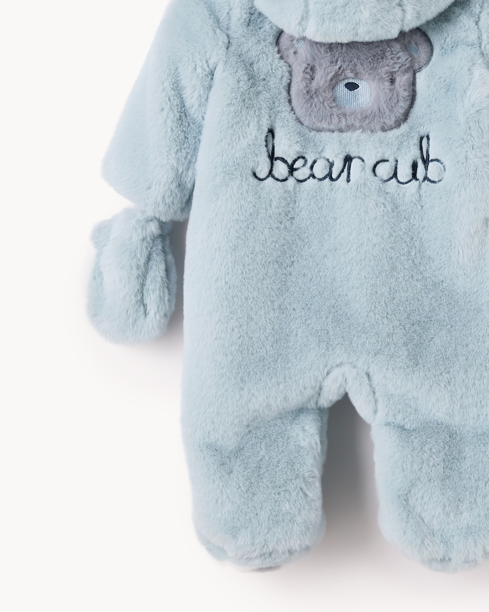 image 1 of F&F Baby Faux Fur Bear Cub Pramsuit in Blue
