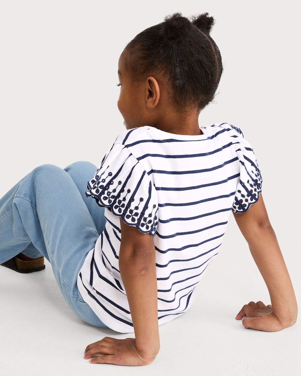 image 1 of F&F Girls 3-Pack Broderie Sleeve T-Shirts in Multi Blue