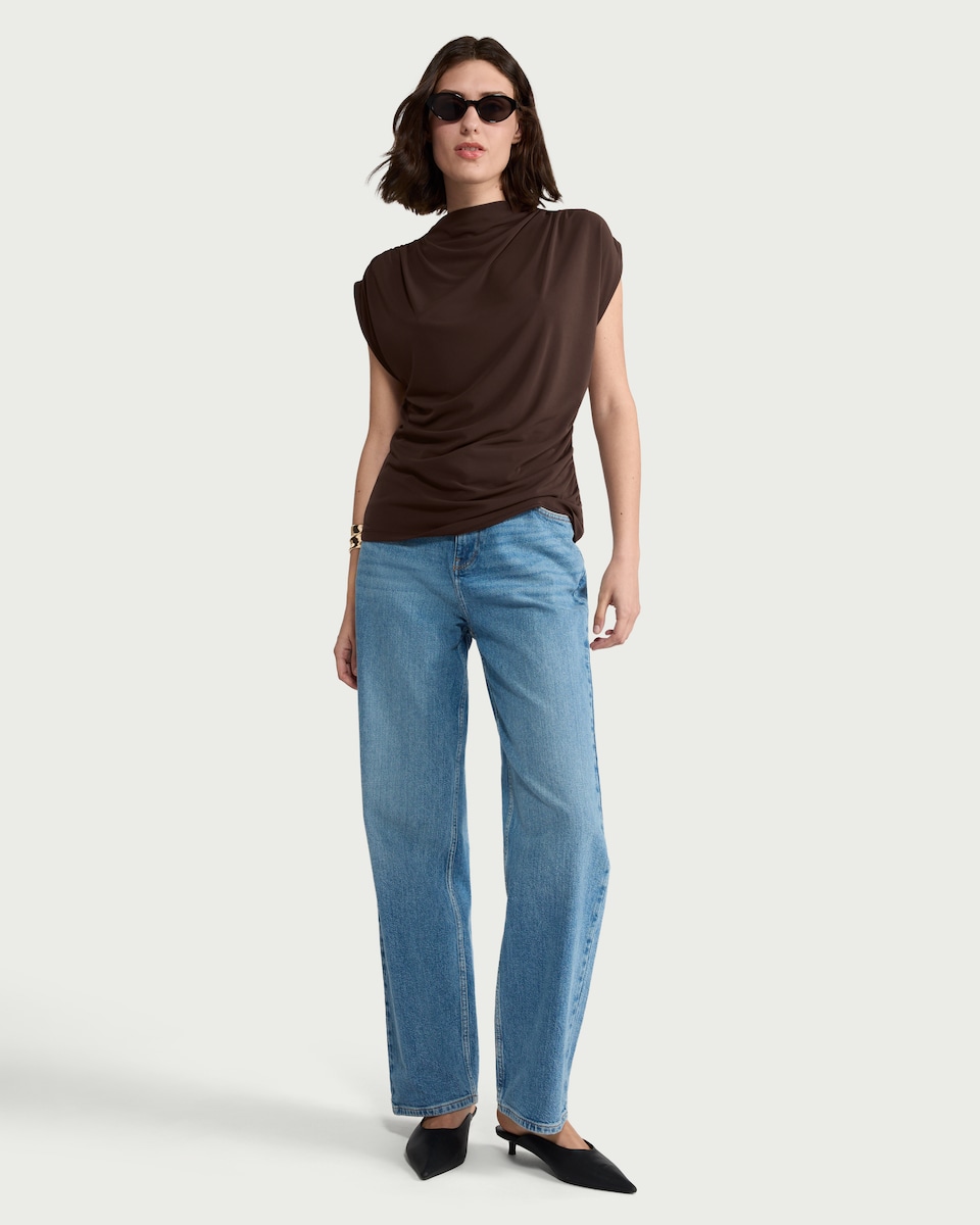 image 1 of F&F Draped Short Sleeved Top in Chocolate
