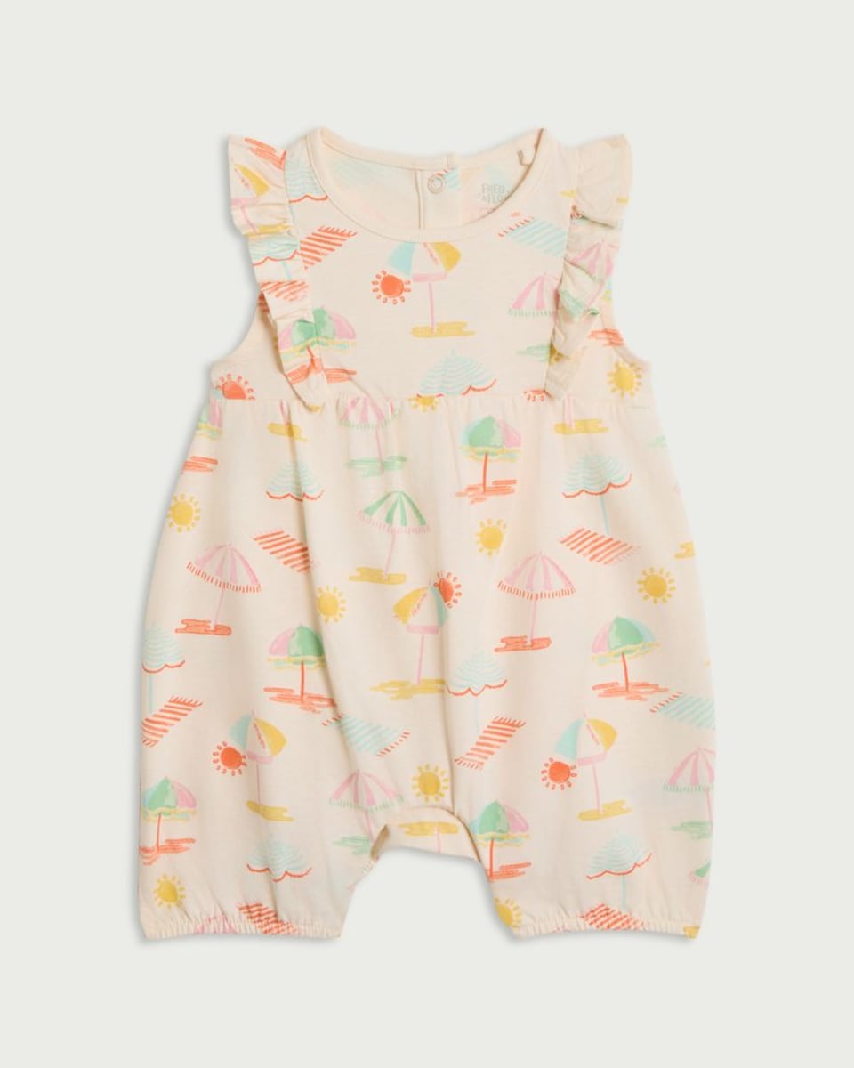 image 1 of F&F Baby Pure Cotton Beach Print Romper in Peach