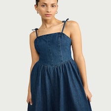 F&F Pure Cotton Denim Tie Strap Midi Dress in Navy