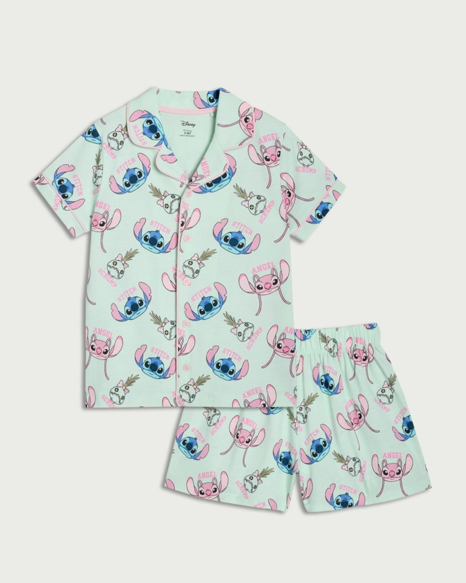 image 1 of Disney Stitch and Angel Pure Cotton Revere Short Pyjama Set in Green