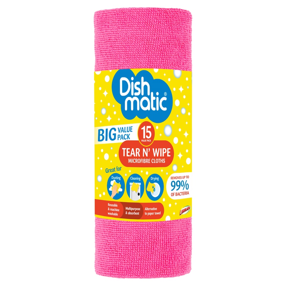 Dishmatic Tear & Wipe Microfibre Cloths 15 Pack
