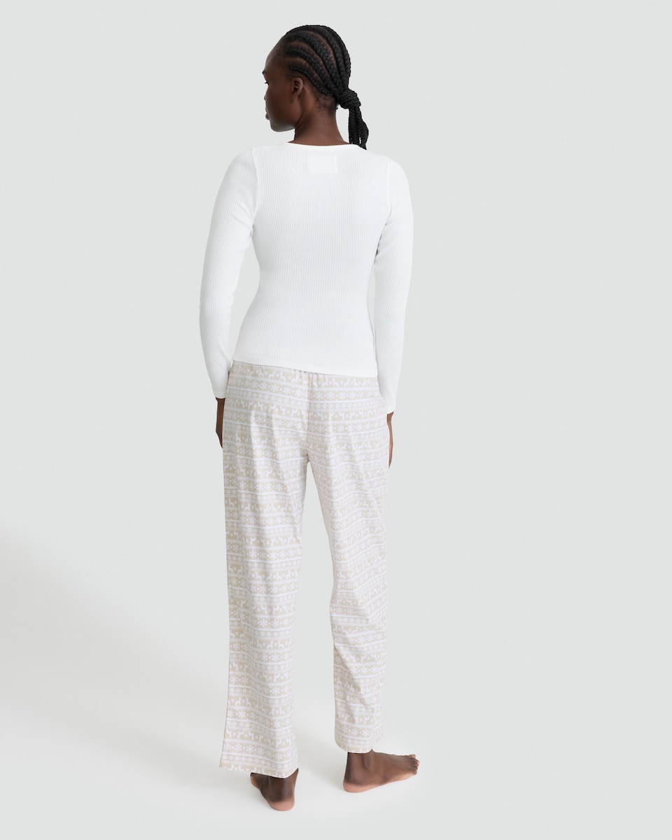 image 1 of F&F Ribbed Festive Henley Top and Trousers Pyjamas Set in Cream