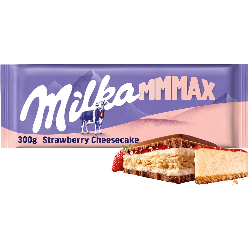 Milka čokoláda Mmmax Strawberry Cheesecake mléčná, příchuť jahodový cheesecake 300g