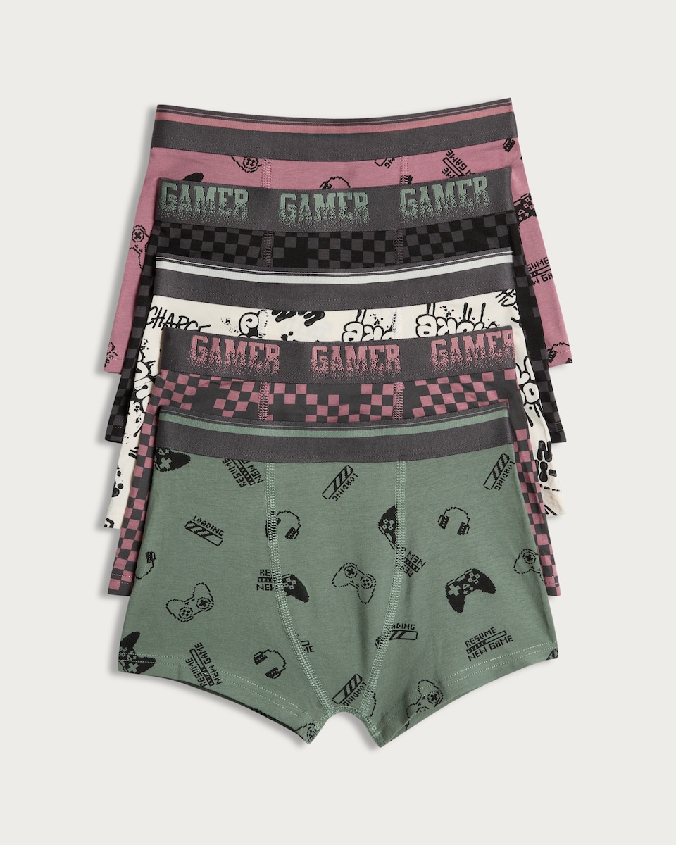 image 1 of F&F Boys 5-Pack Cotton Rich Gamer Print Trunks in Green Multi