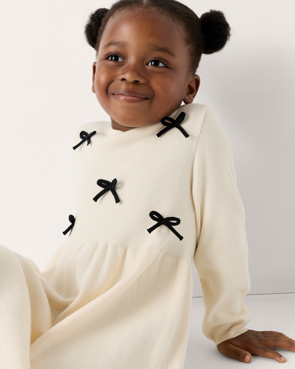 image 1 of F&F Girls Knitted Bow Dress in Gold
