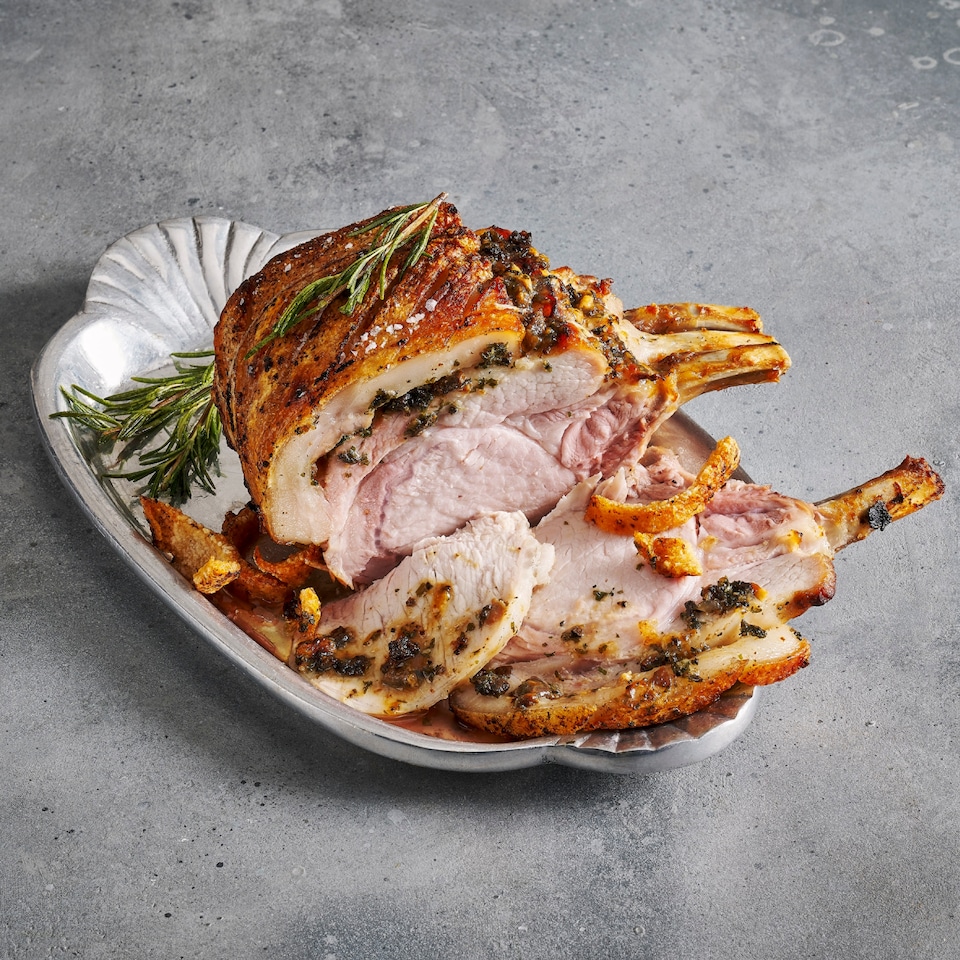 Tesco Finest French Trimmed Crackling Pork Loin Rack with Garlic and Truffle Melt 900g - 1.3kg (Serves 5)