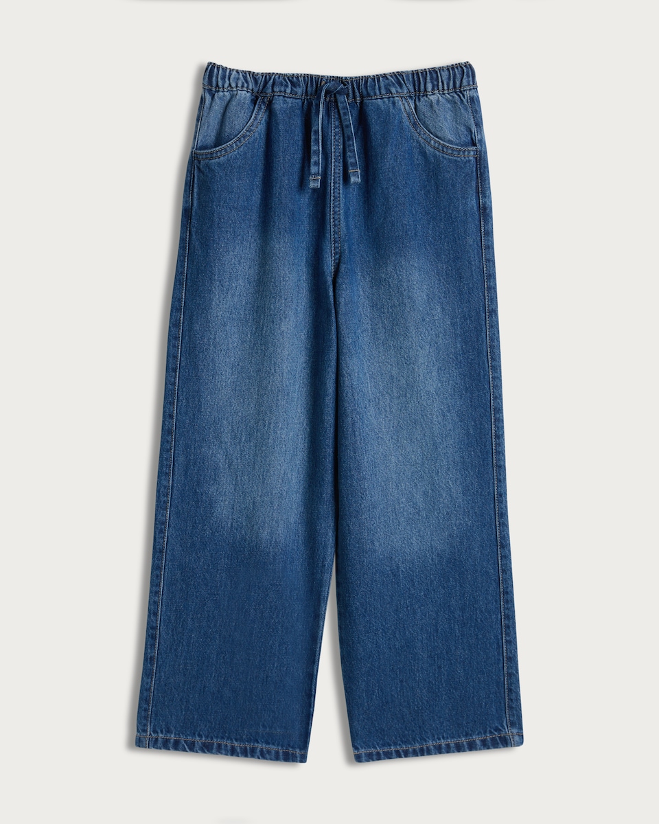 image 1 of F&F Girls Tie Waist Wide Leg Jeans in Blue