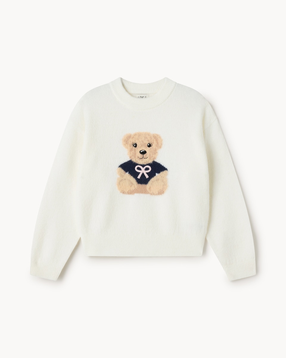 image 1 of F&F Girls Teddy Bear Knitted Jumper in Cream