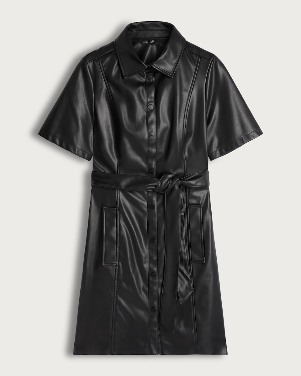 F&F Faux Leather Belted Shirt Dress in Black