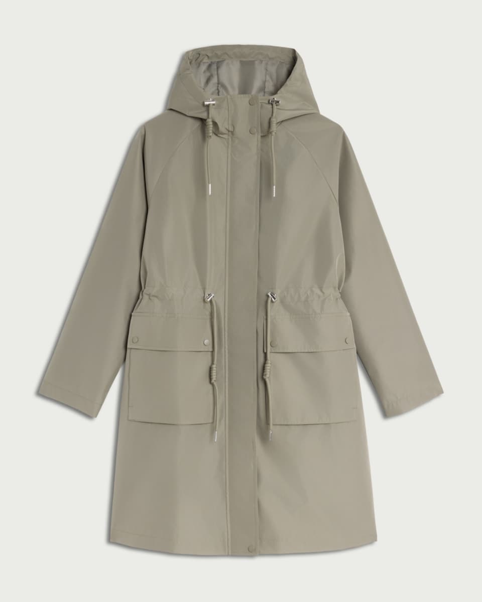 image 1 of F&F Shower Resistant Drawstring Waist Hooded Raincoat in Khaki