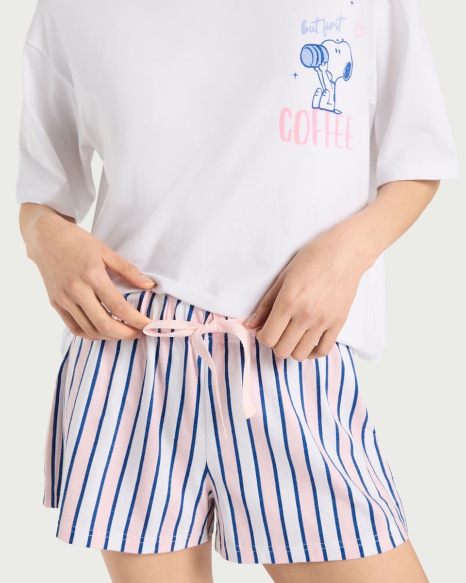 image 1 of Snoopy 2-Piece Pure Cotton Top and Shorts Pyjama Set in Multi Pink