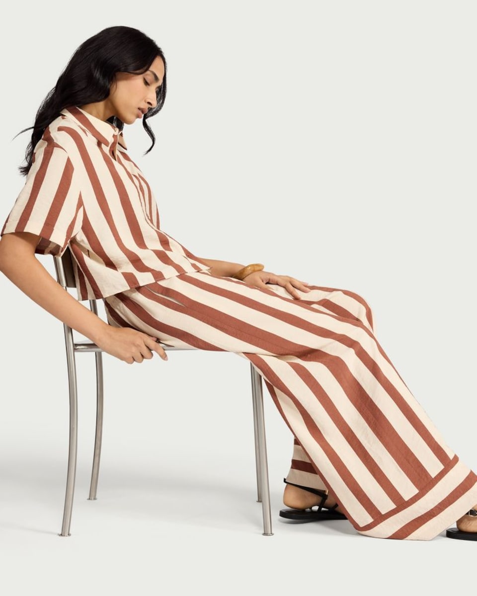 image 1 of F&F Striped Wide Leg Co-ord Trousers in Multi Brown