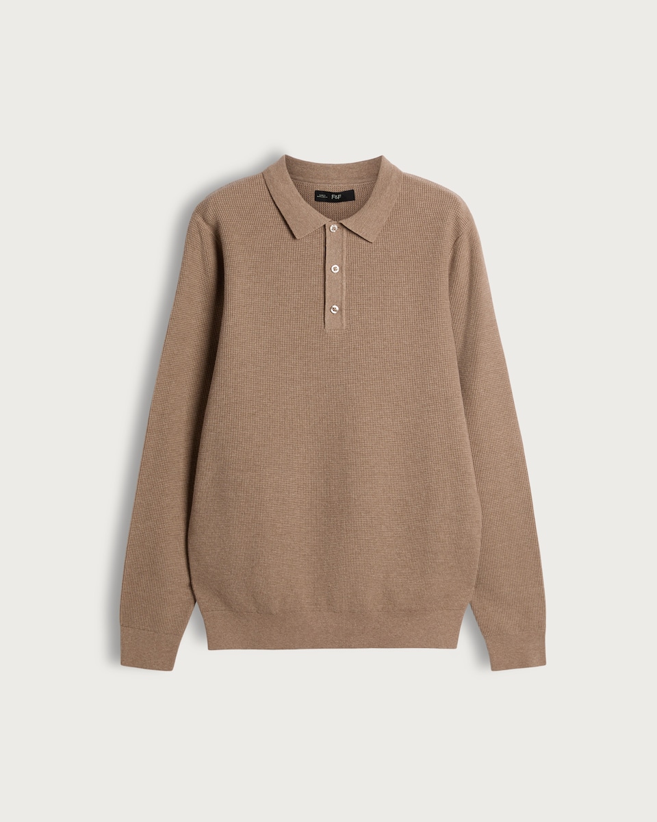 image 1 of F&F Pure Cotton Knitted Polo Jumper in Brown