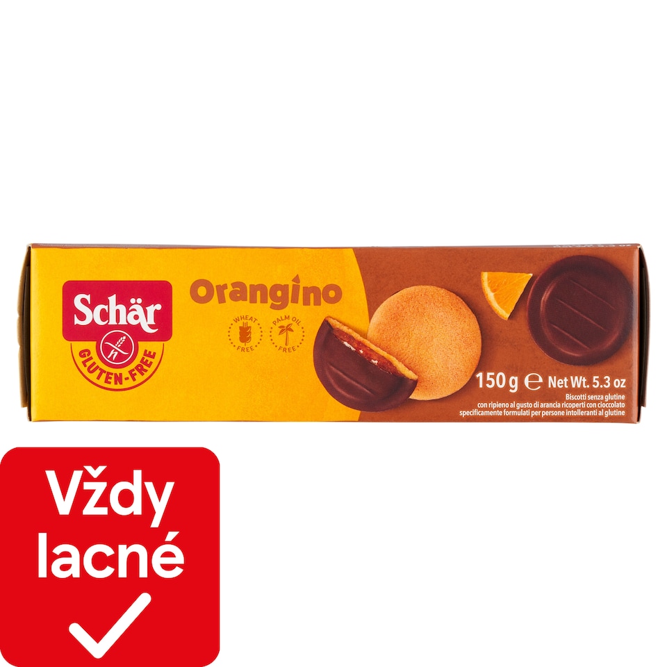 obrázok 1 z Schär Orangino jemné pečivo bezgluténové polomáčané v čokoláde s náplňou s príchuťou pomaranča 150 g