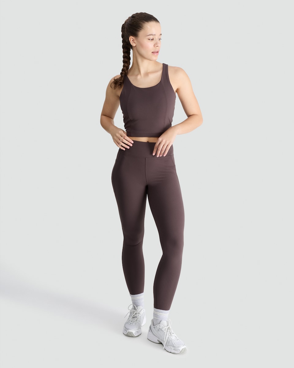 image 1 of F&F Active Ribbed High Waisted Co-ord Leggings in Brown