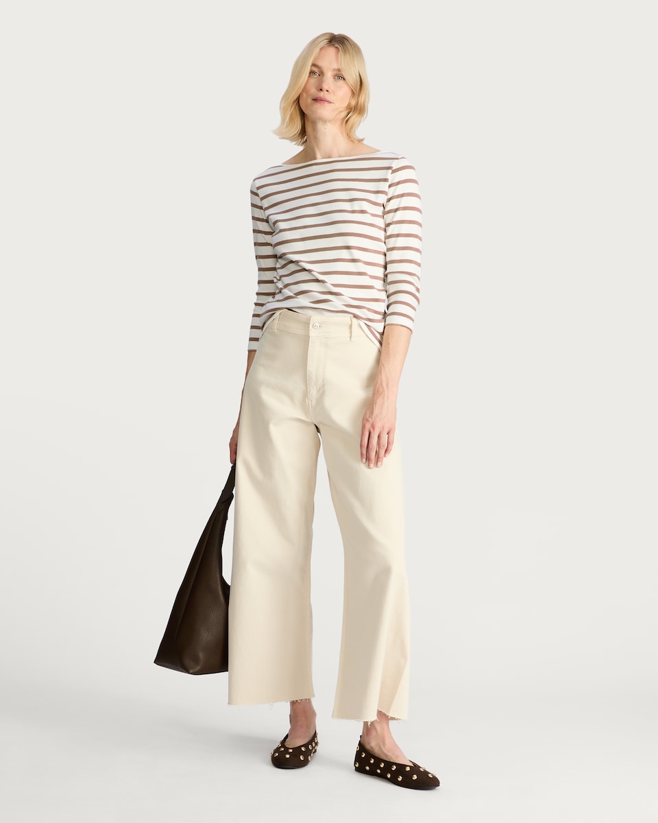 image 1 of F&F Pure Cotton Striped Boat Neck Top in Multi Brown