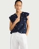 image 3 of F&F Pure Cotton Double Cloth Textured Embroidered Flutter Sleeved Top in Navy