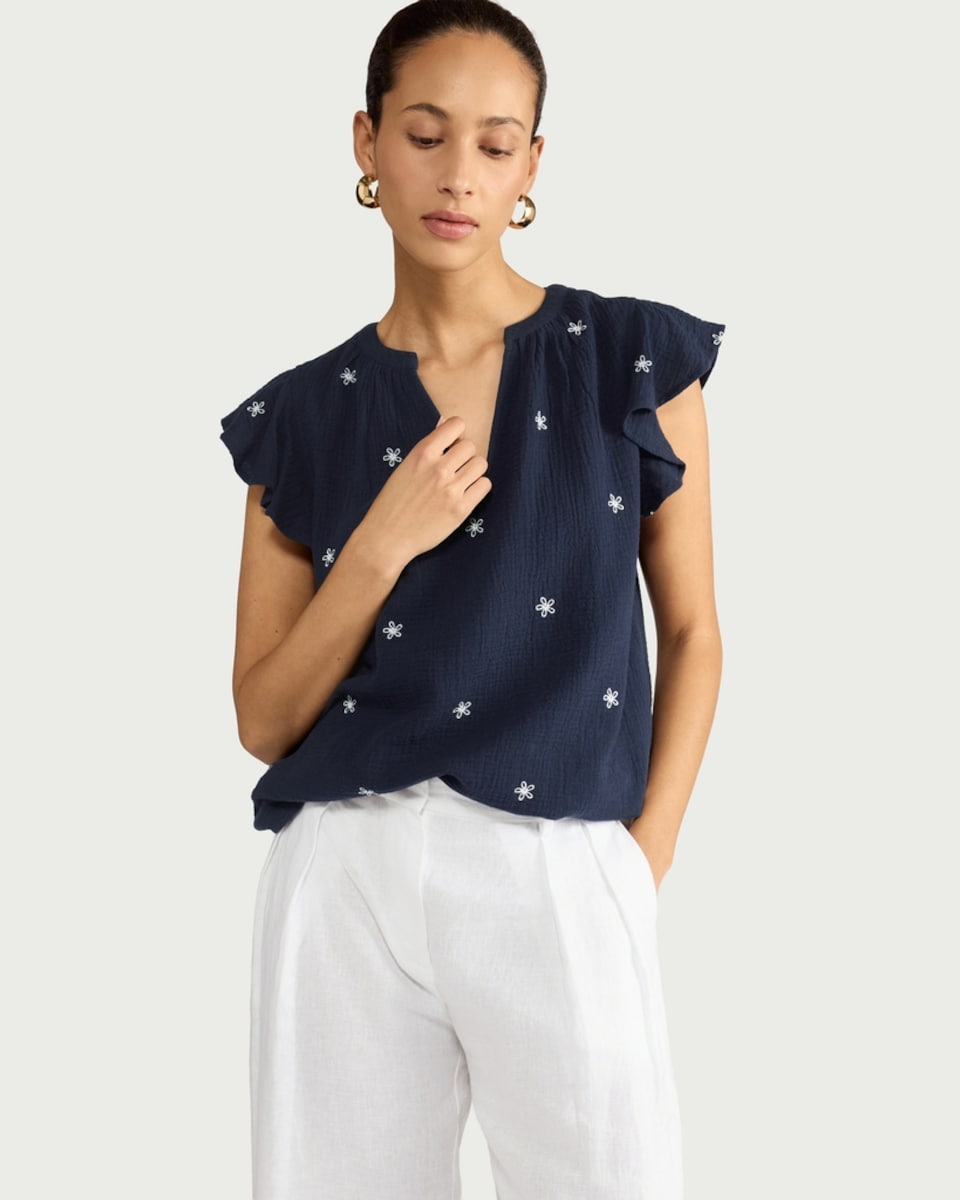 image 1 of F&F Pure Cotton Double Cloth Textured Embroidered Flutter Sleeved Top in Navy
