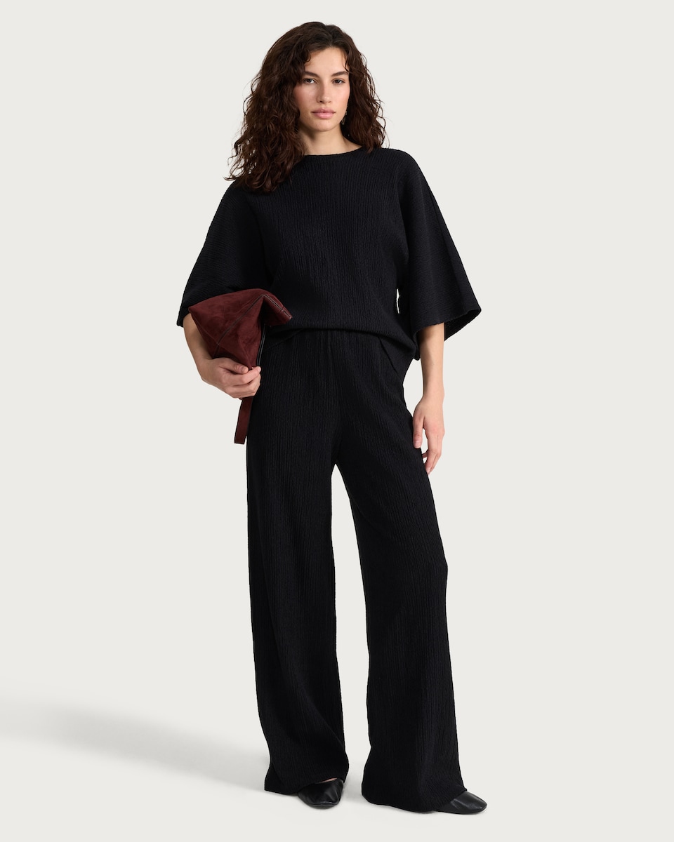 image 1 of F&F Cotton Rich Crinkle Textured Wide Leg Co-ord Trousers in Black