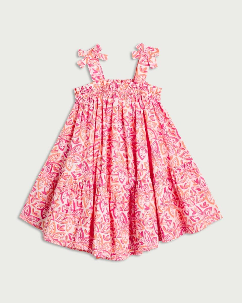 image 1 of F&F Girls Pure Cotton Floral Bow Strap Dress in Pink