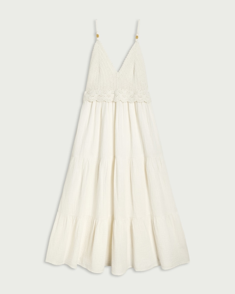 image 1 of F&F Pure Cotton Tiered Beach Dress in Cream