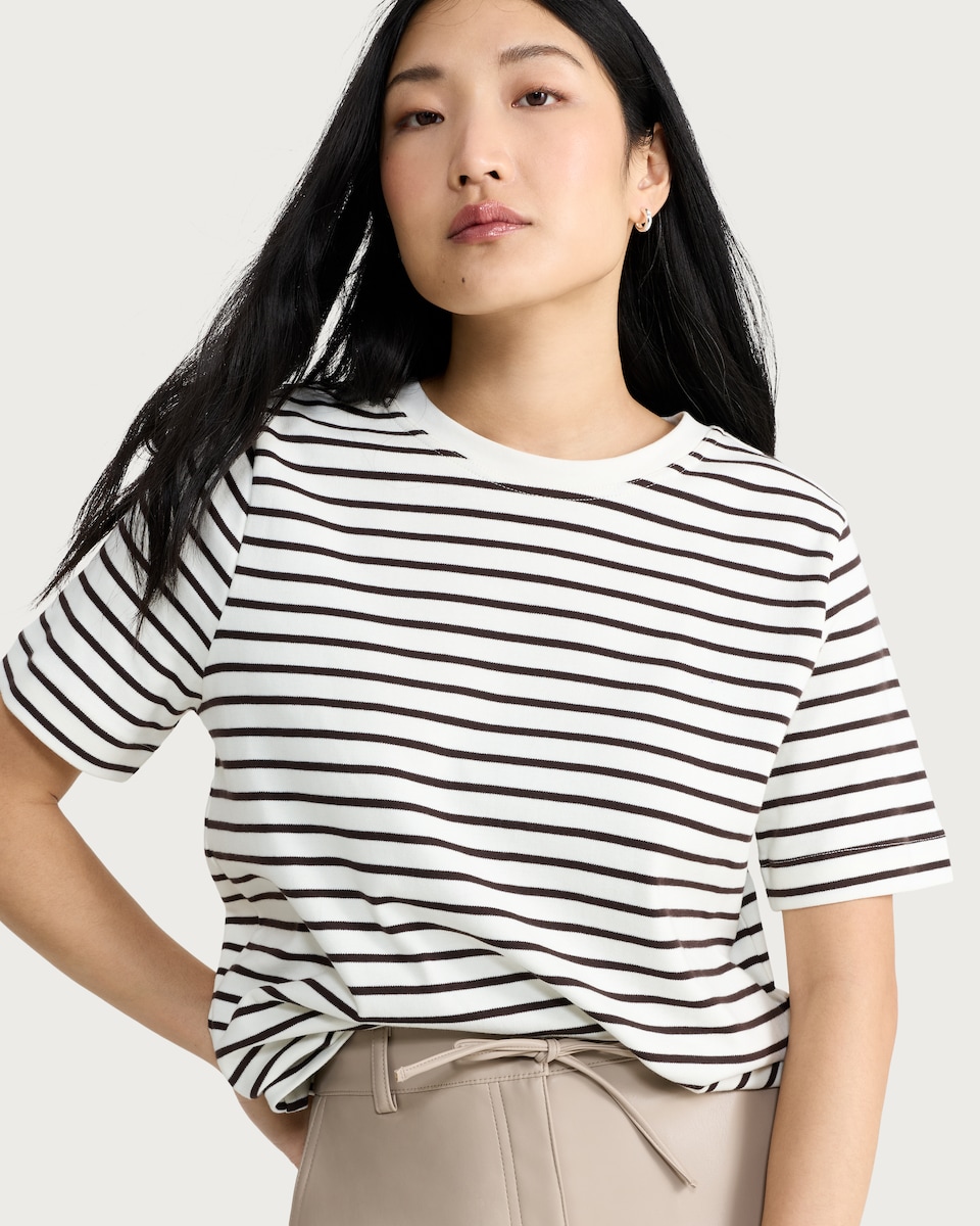 image 1 of F&F Pure Cotton Stripe Print T-Shirt in Multi Brown