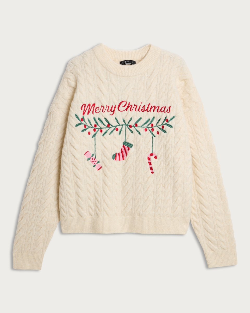 image 1 of F&F Cable Knit Merry Christmas Jumper with Wool in Neutral