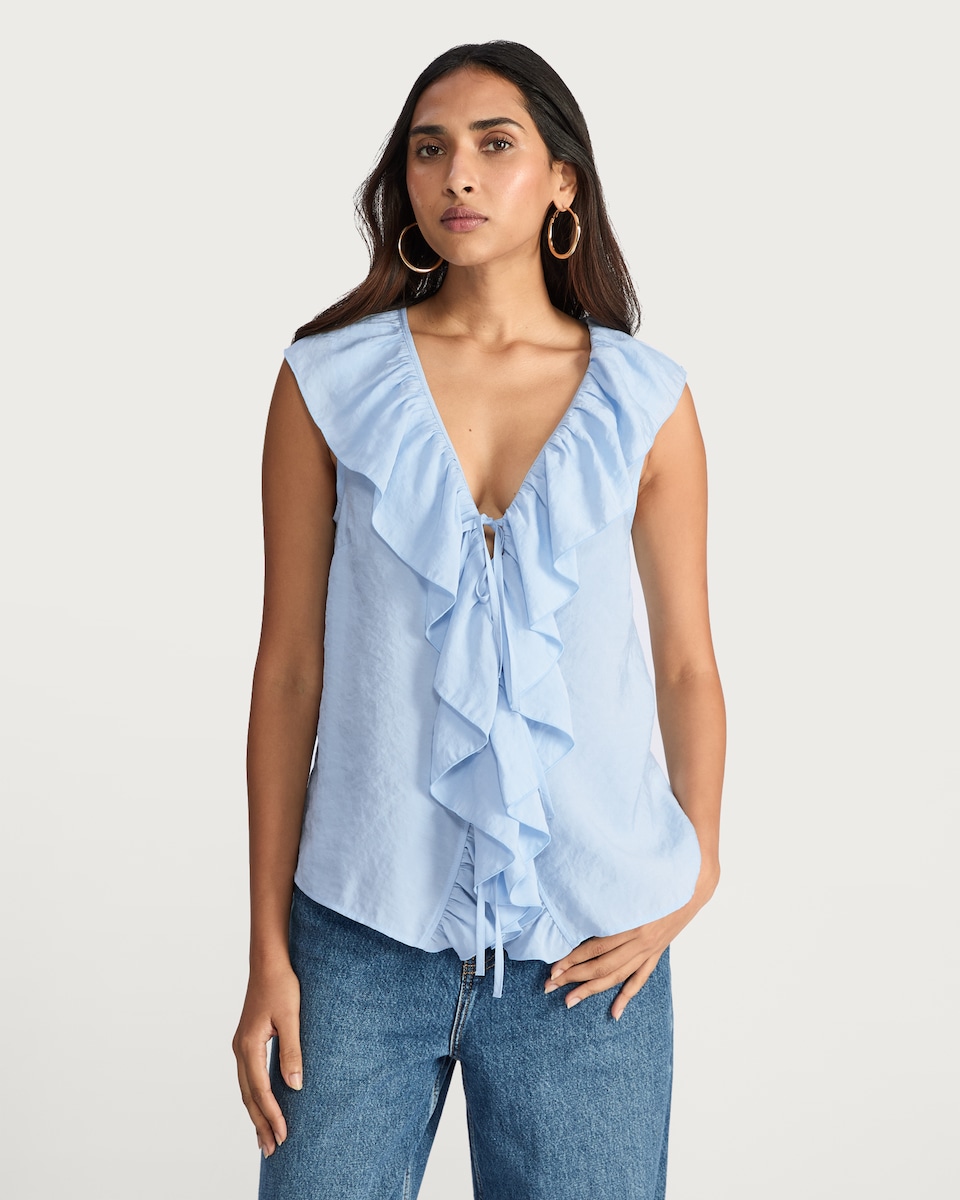 image 1 of F&F Modal Rich Sleeveless Ruffle Front Blouse in Blue