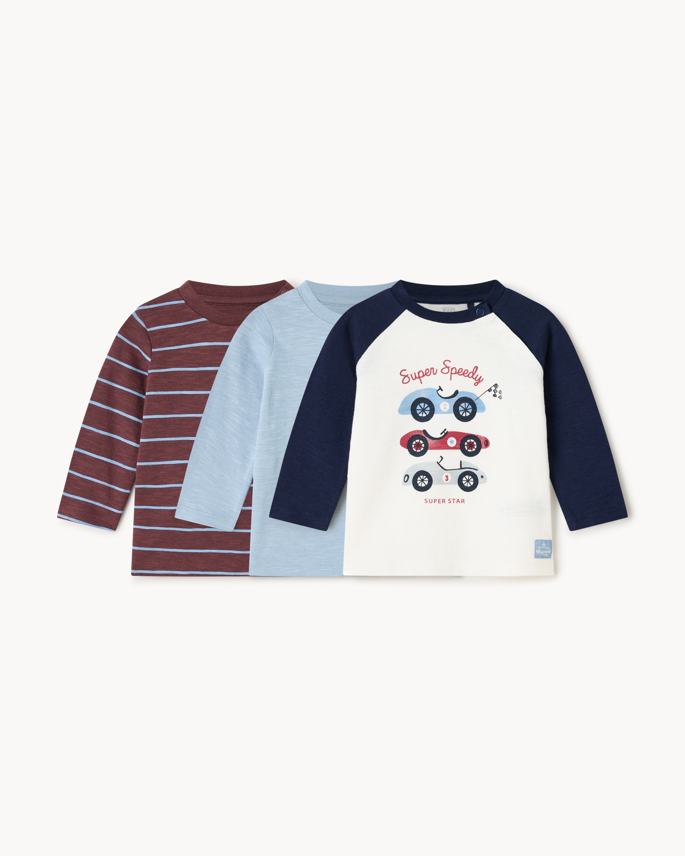 F&F Baby 3-Pack Pure Cotton Vehicle Print Long Sleeved Tops in Navy, 9-12 Mo