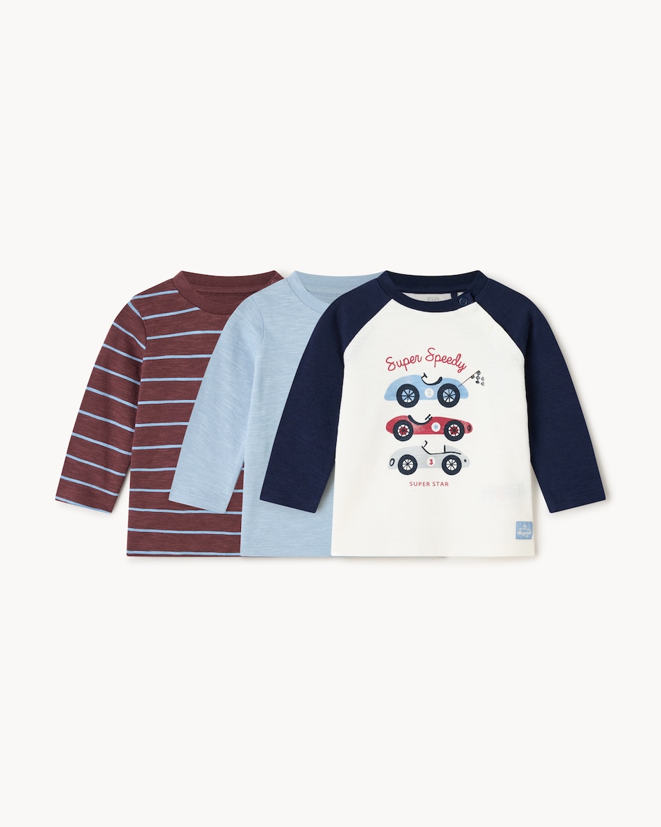 image 1 of F&F Baby 3-Pack Pure Cotton Vehicle Print Long Sleeved Tops in Navy