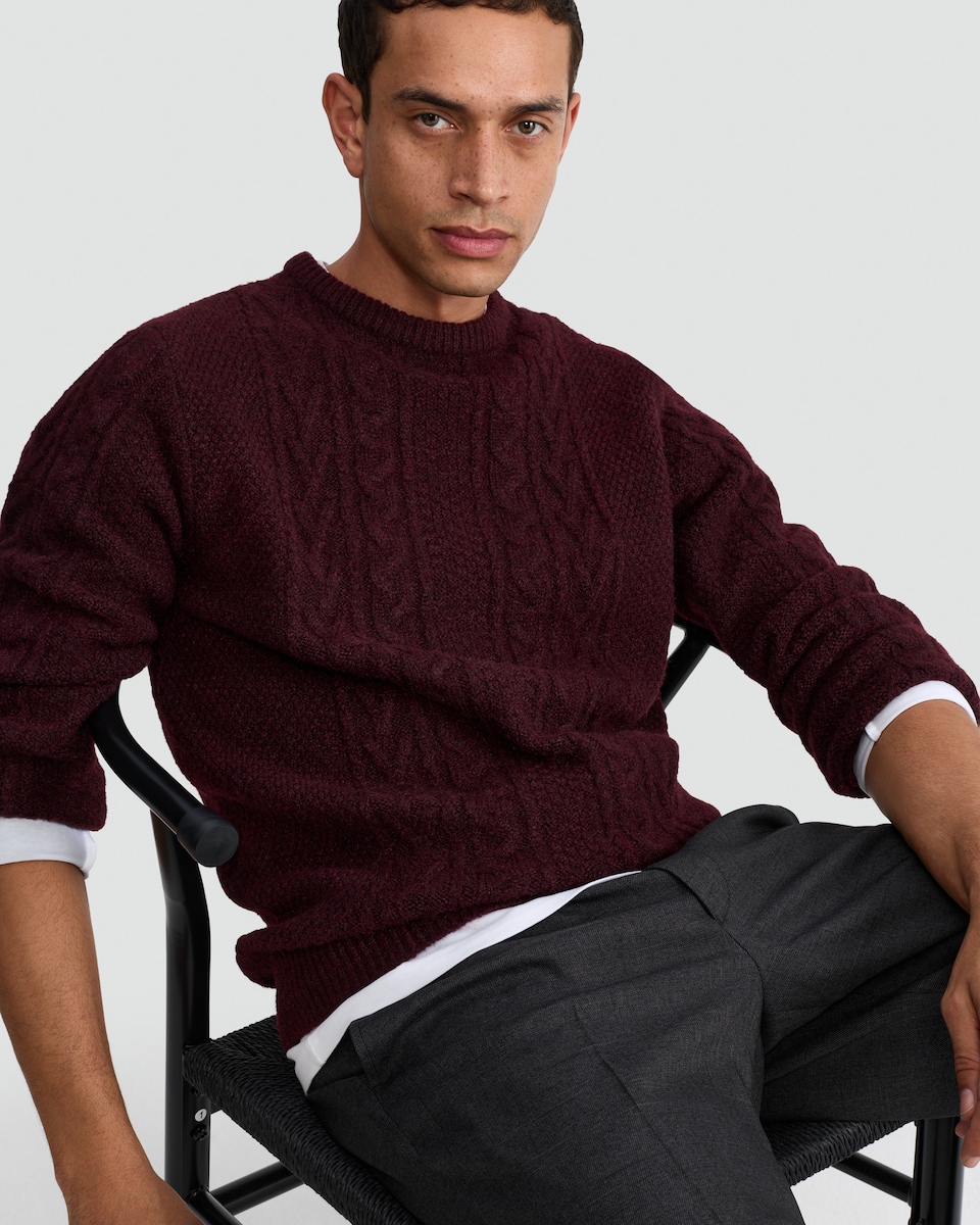 image 1 of F&F Crew Neck Cable Knit Jumper in Burgundy