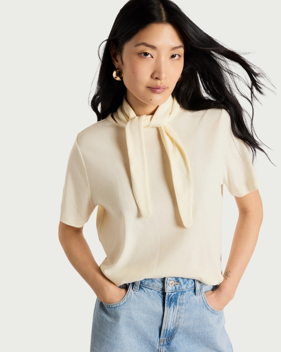 image 1 of The F&F Edit Pure Cotton Tie Neck T-Shirt in Cream