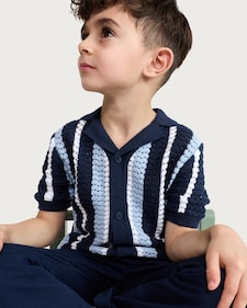 F&F Boys Pure Cotton Knitted Striped Shirt in Navy