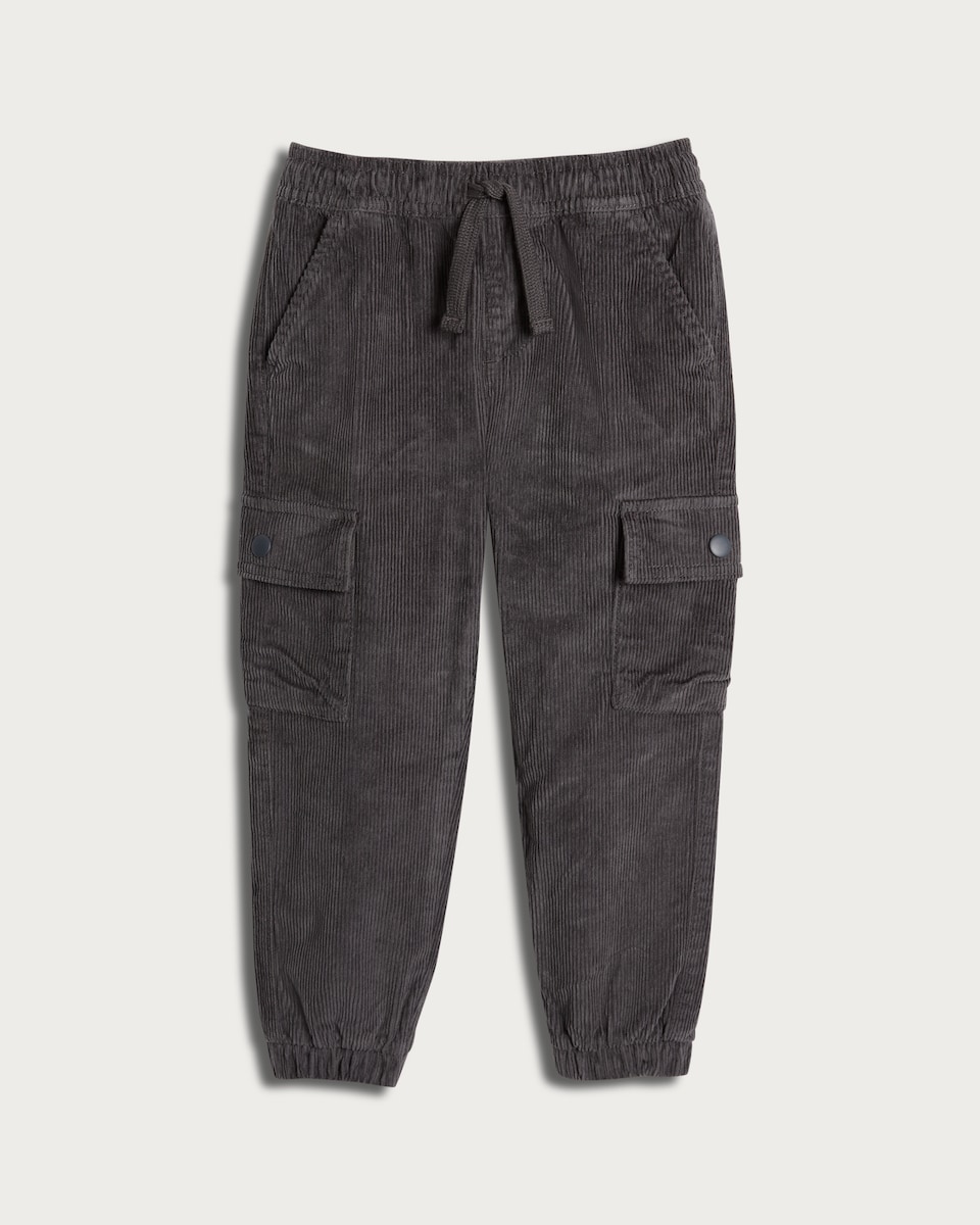 image 1 of F&F Boys Cotton Rich Corduroy Cuffed Cargo Trousers in Grey