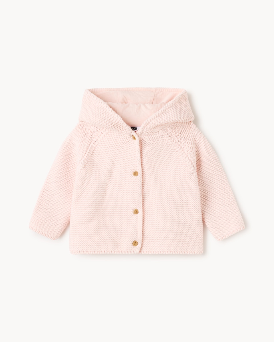 image 1 of F&F Baby Pure Cotton Knitted Hooded Cardigan in Pink