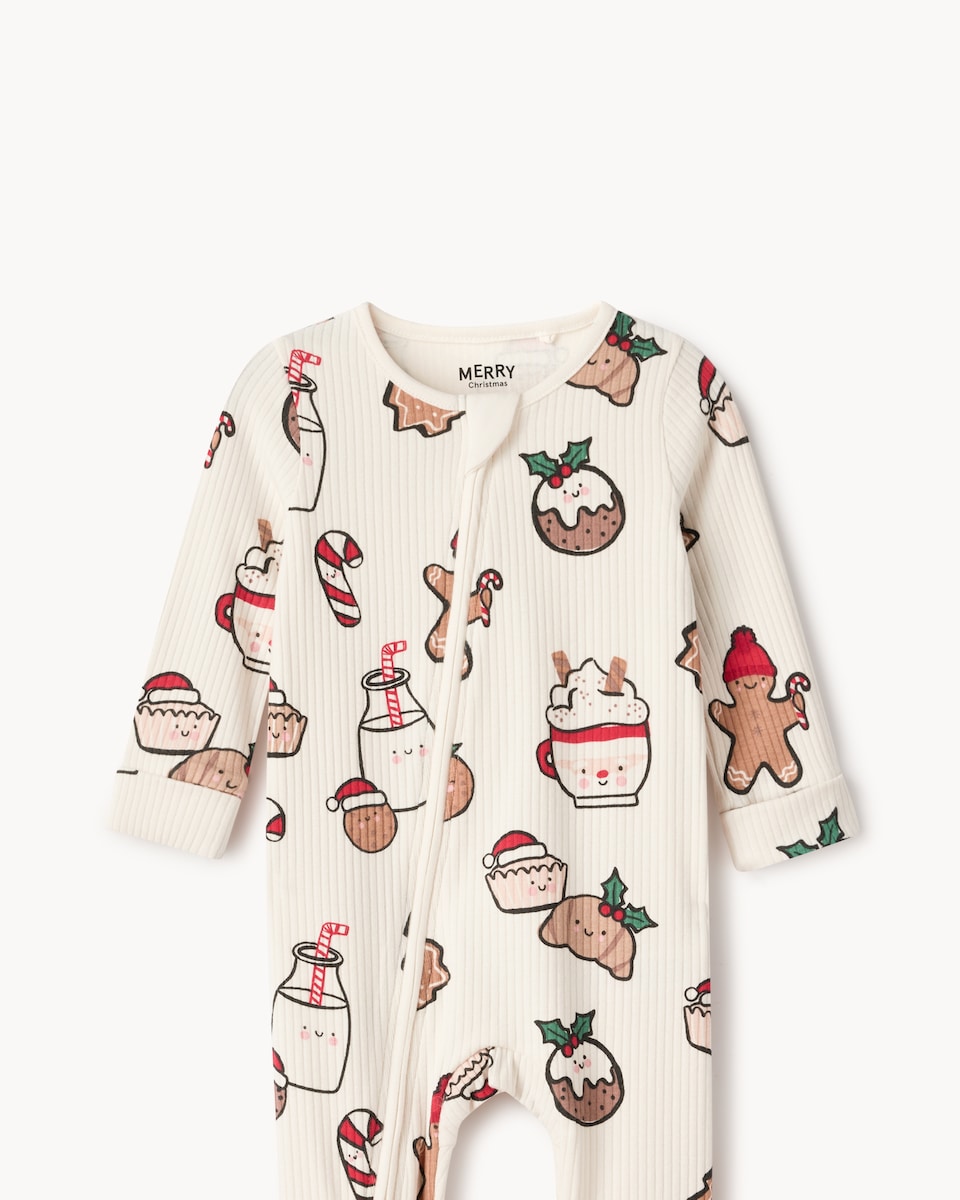 image 1 of Christmas Baby Cotton Rich Festive Treat Sleepsuit in White