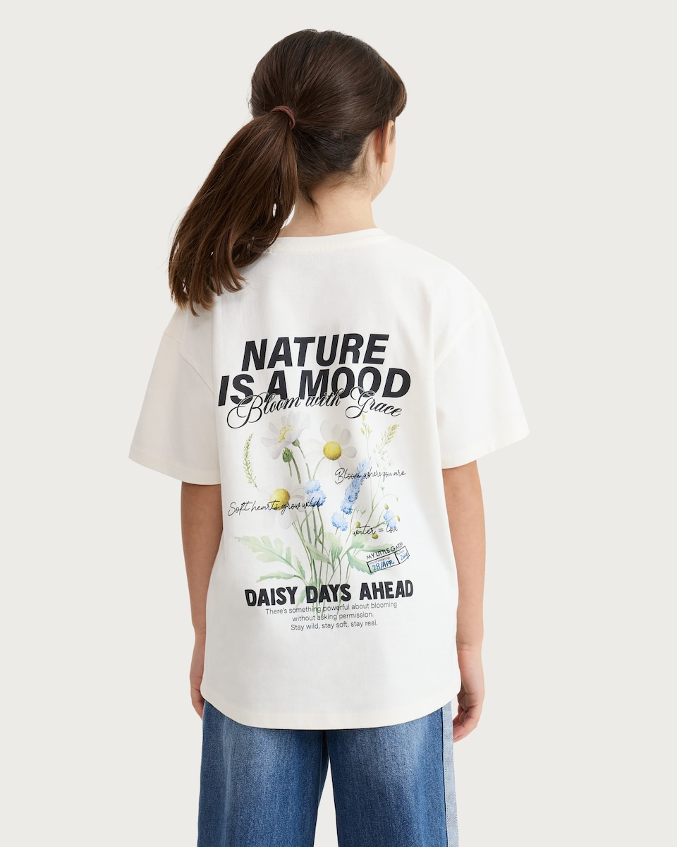 image 1 of F&F Girls Pure Cotton Nature Is a Mood Slogan T-Shirt in White