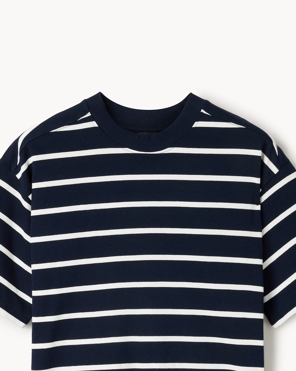 image 1 of F&F Pure Cotton Striped Boxy T-Shirt in Navy